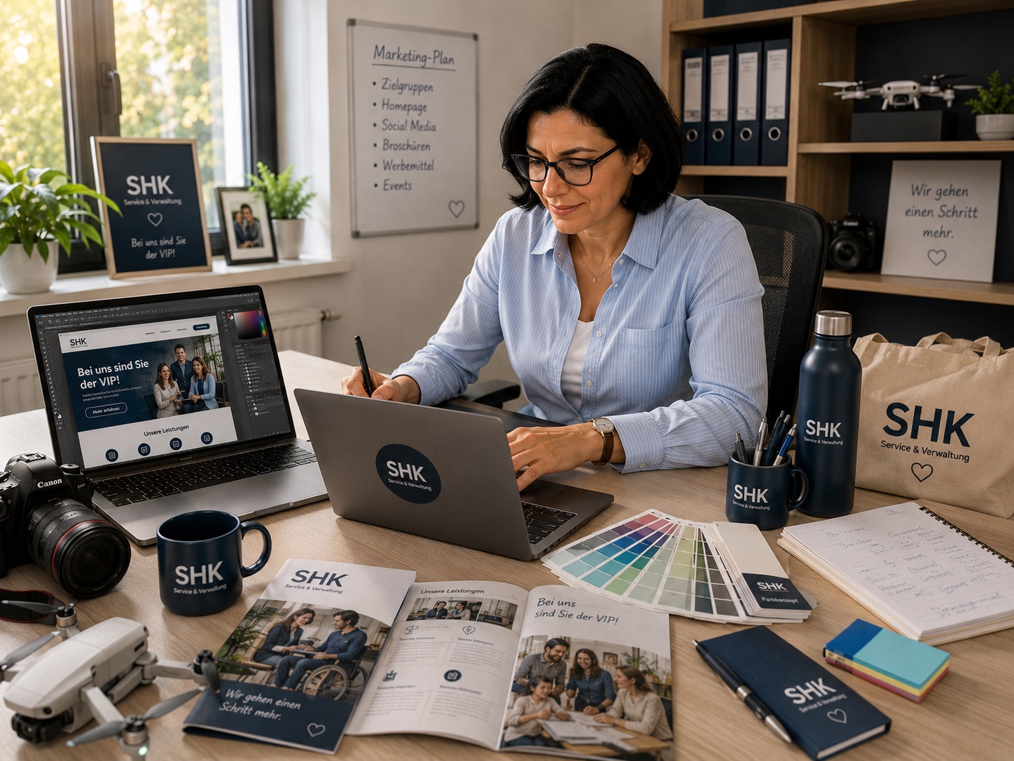 Marketing-Arbeitsplatz mit digitalen und gedruckten Medien
